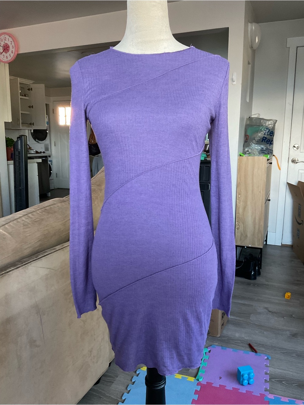 🪷Sky To Moon Lilac Ribbed Bodycon Mini Dress Long Sleeve Purple Med Fairycore